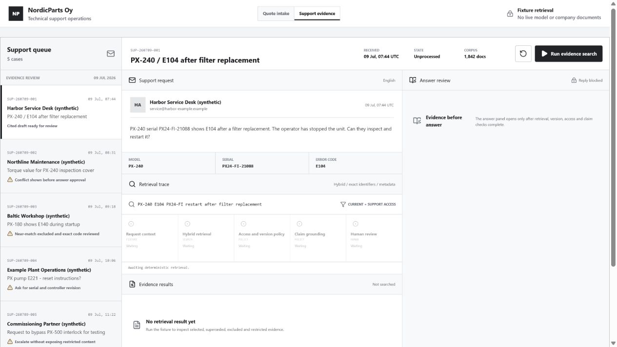 Support answer demo with a case queue, source search, documents and a review step
