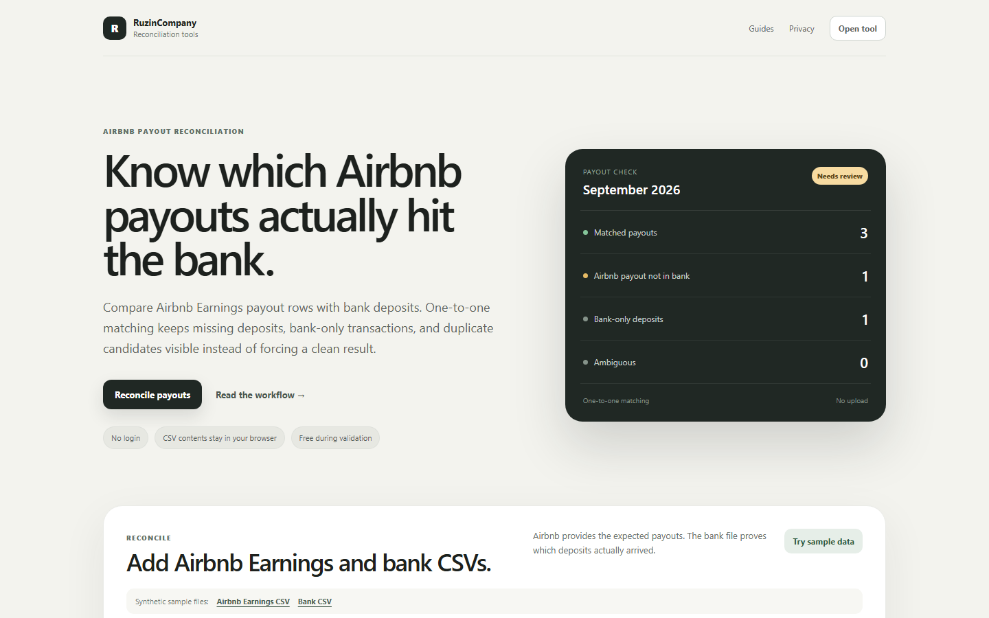 Airbnb payout reconciliation homepage showing payouts matched to bank deposits