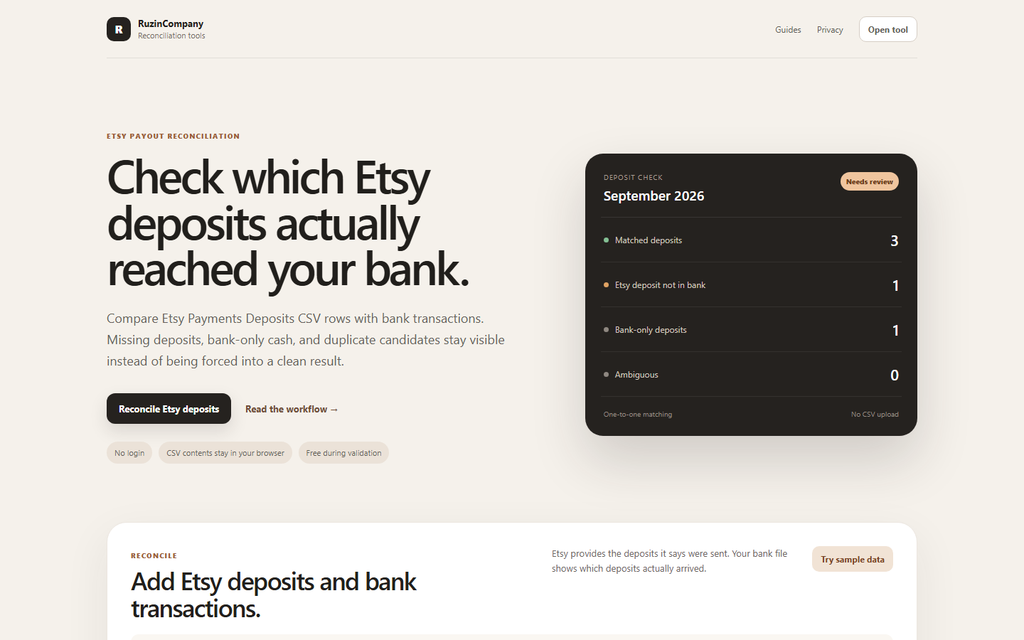 Etsy payout reconciliation homepage showing deposits matched to bank transactions