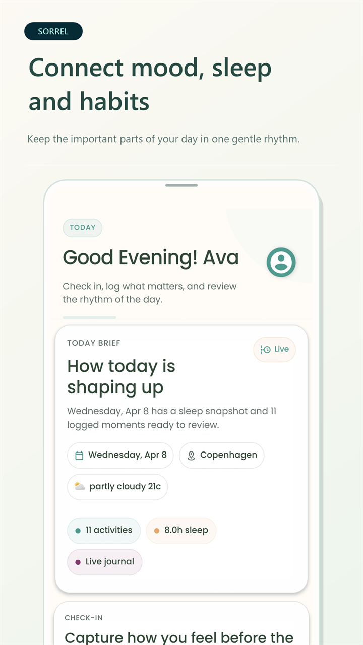 Sorrel Android app screen connecting mood, sleep and habits